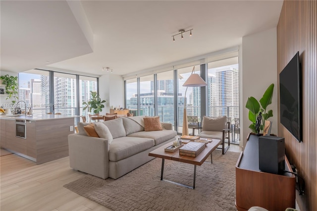 living room featuring expansive windows, light hardwood / wood-style flooring, rail lighting, and sink