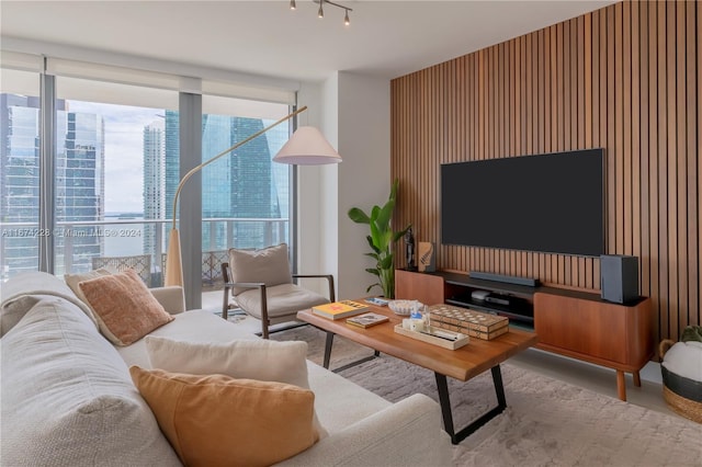 living room featuring wood walls