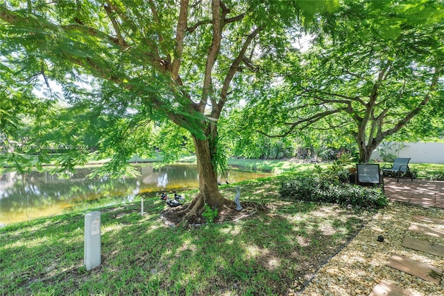 view of yard with a water view and a patio area