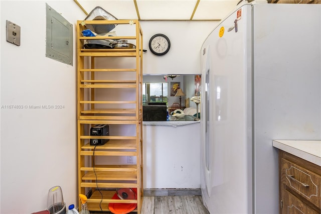 kitchen with white refrigerator, electric panel, and light wood-type flooring