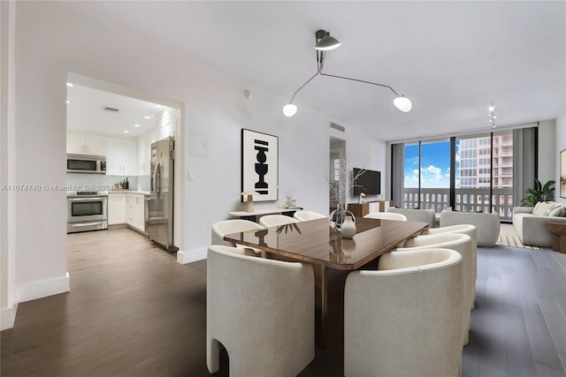 dining space with expansive windows and dark hardwood / wood-style floors