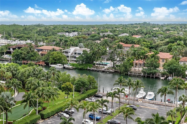 drone / aerial view featuring a water view