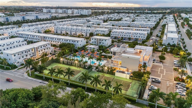 view of aerial view at dusk