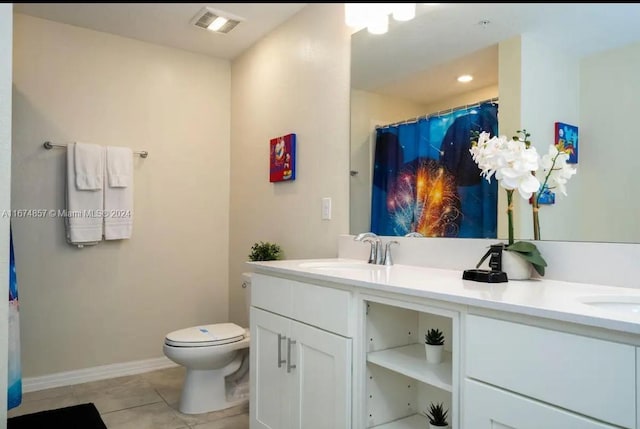 bathroom with vanity, tile patterned flooring, toilet, and walk in shower