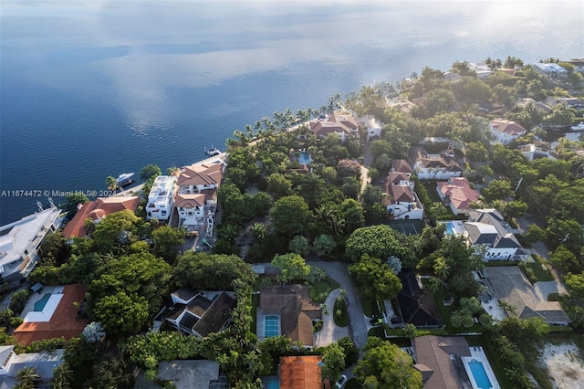 drone / aerial view featuring a water view