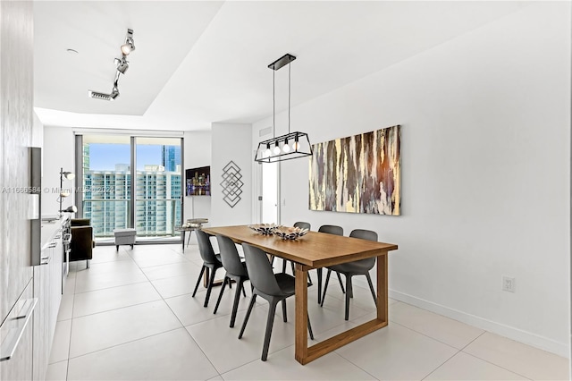 tiled dining area with a wall of windows and rail lighting