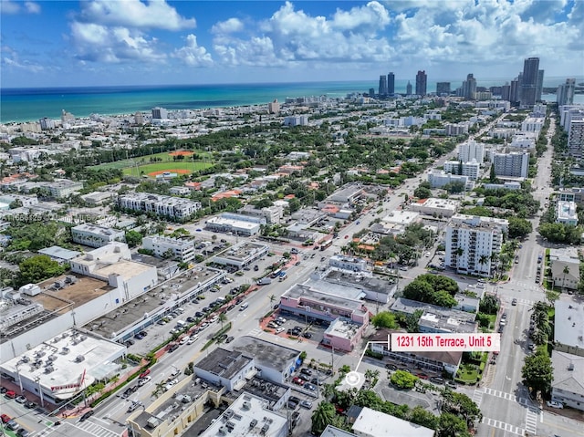 bird's eye view with a water view