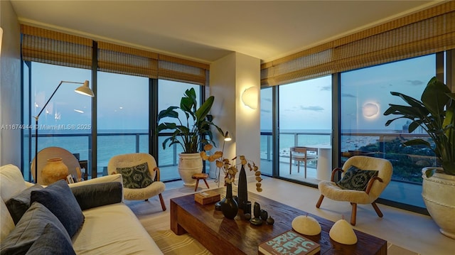 living room featuring a water view