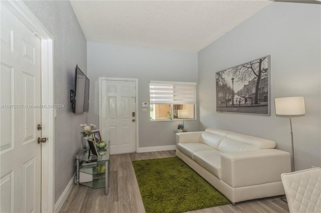 living room with hardwood / wood-style floors and a textured ceiling