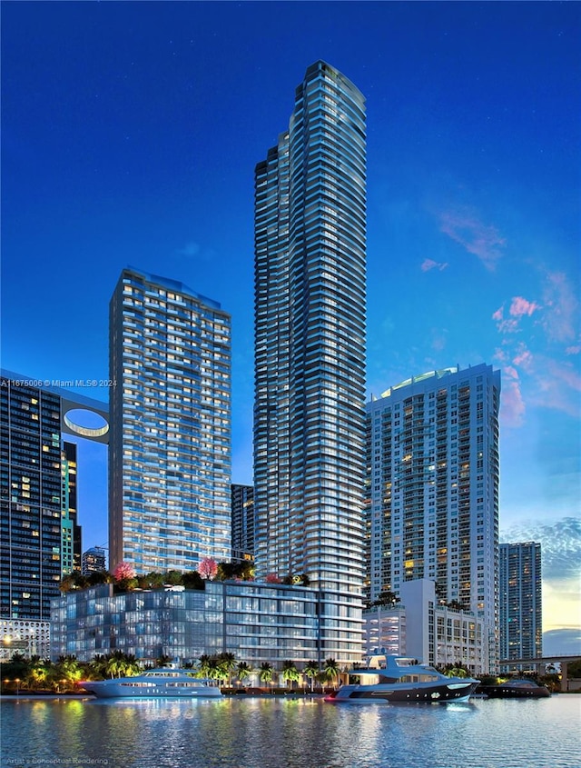 outdoor building at dusk with a water view