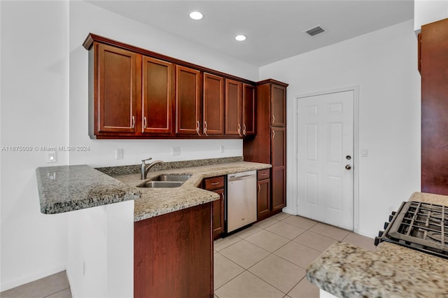 kitchen with light stone countertops, kitchen peninsula, stainless steel dishwasher, sink, and light tile patterned flooring