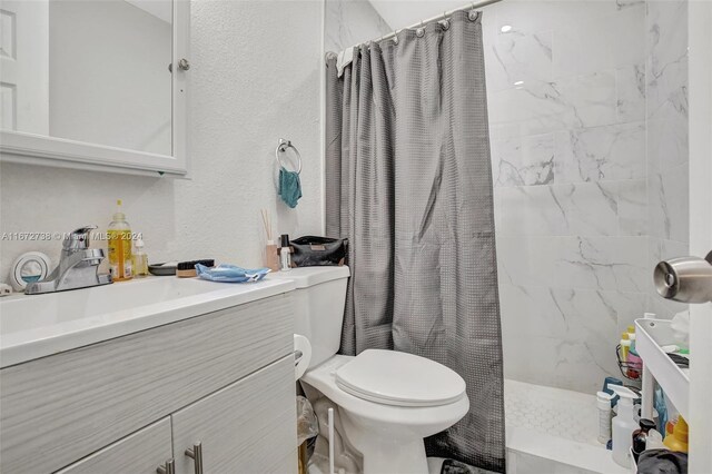 bathroom featuring toilet, vanity, and a shower with curtain