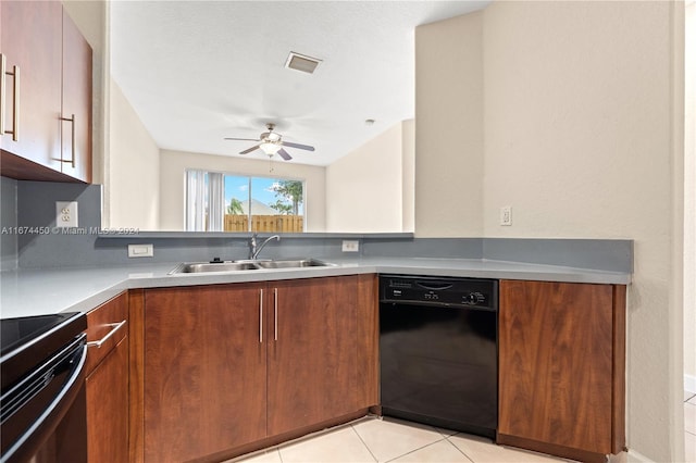 kitchen with black appliances, ceiling fan, sink, and light tile patterned floors