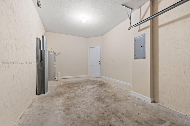 garage with electric panel and water heater