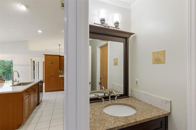 bathroom with tile patterned floors, crown molding, and vanity