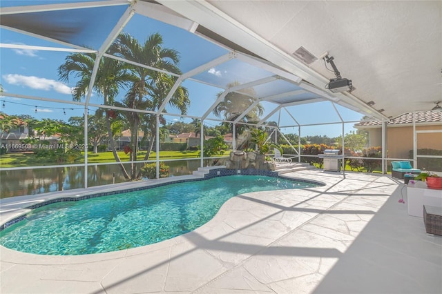 view of pool with a lanai, grilling area, a water view, and a patio