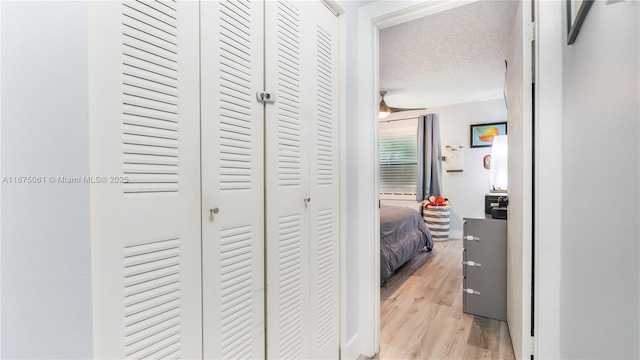 corridor featuring light hardwood / wood-style floors and a textured ceiling