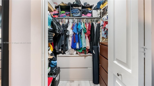 walk in closet with light wood finished floors