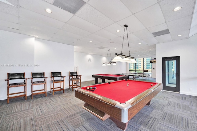 playroom with carpet floors, a drop ceiling, and pool table