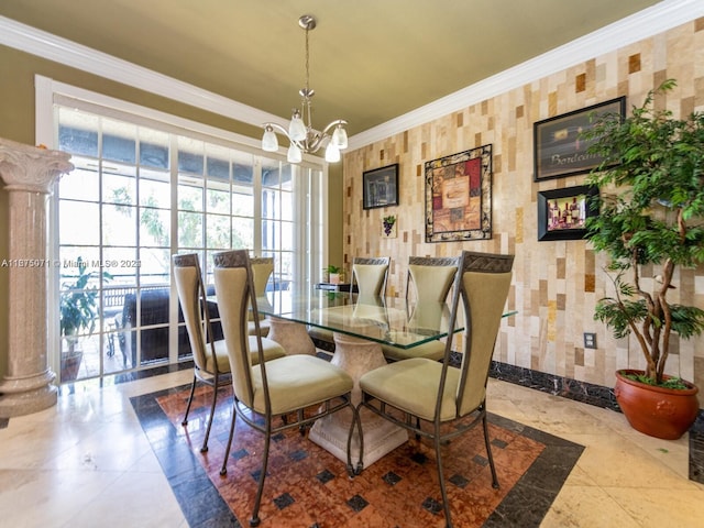 dining space with crown molding, plenty of natural light, and a chandelier