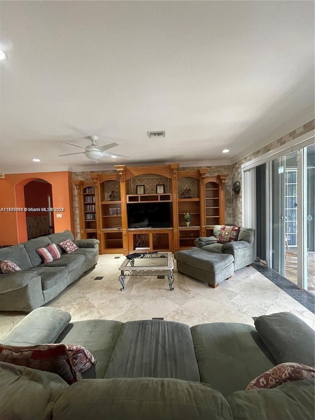 living room featuring ceiling fan