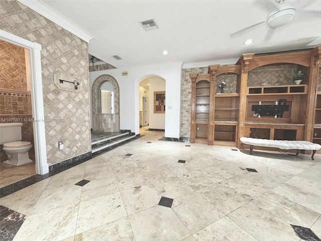 232 SW 7th Ave, Hallandale Beach, FL 33009 - bathroom featuring crown molding, tile walls, toilet, ceiling fan, and recessed lighting