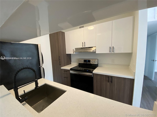 kitchen with dark brown cabinets, white cabinets, sink, and stainless steel electric range