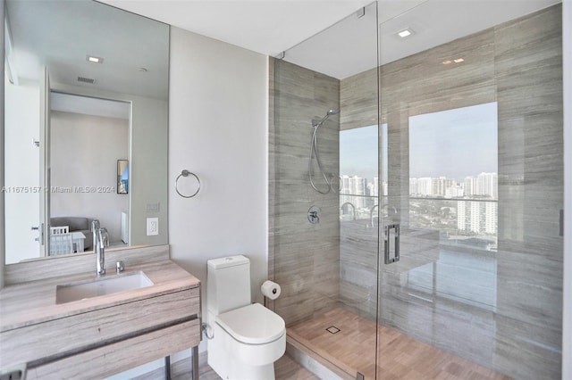 bathroom featuring vanity, walk in shower, toilet, and wood-type flooring