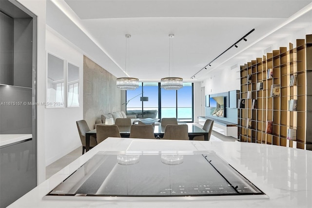 dining area with a chandelier and track lighting