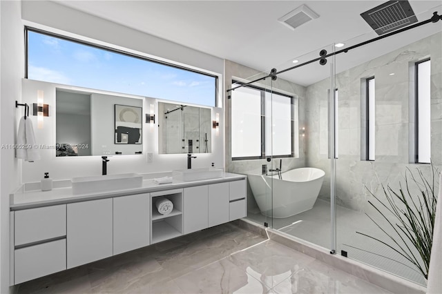 bathroom with vanity and plus walk in shower