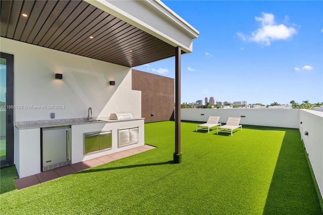 view of yard featuring sink and exterior kitchen