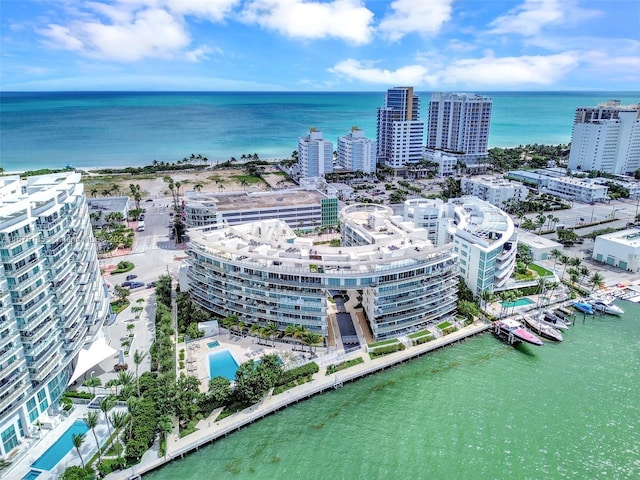 drone / aerial view featuring a water view