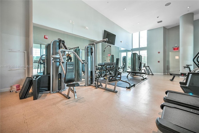 workout area with a towering ceiling