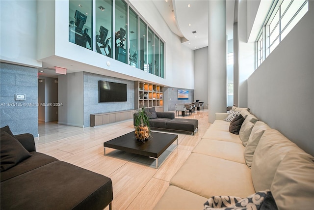 living room featuring a high ceiling