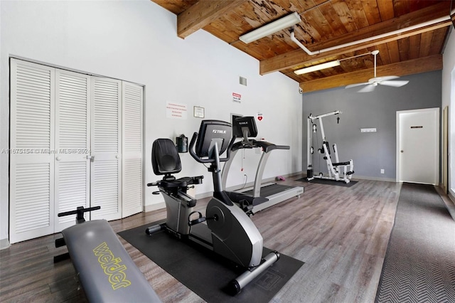 workout room featuring wood ceiling, dark hardwood / wood-style floors, high vaulted ceiling, and ceiling fan