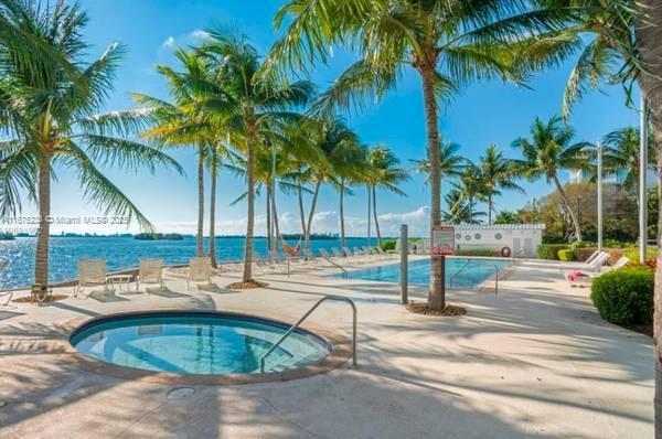 view of pool featuring a water view, a patio area, and a community hot tub