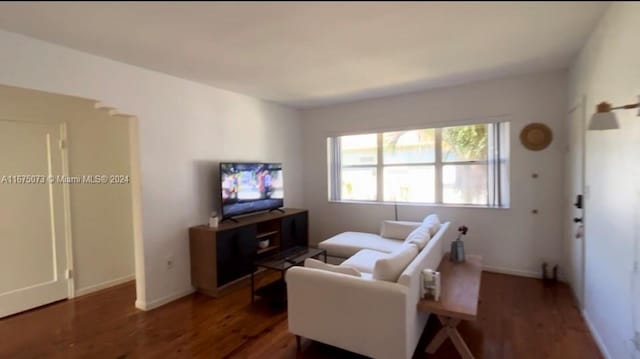 living room with dark hardwood / wood-style floors