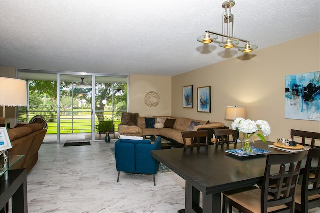 dining room with a wall of windows and a textured ceiling