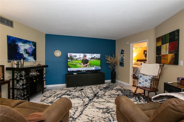 living room with carpet flooring and a textured ceiling