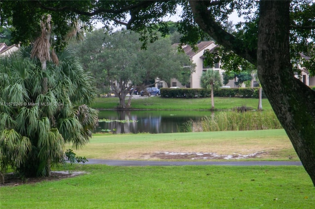 view of home's community featuring a water view and a lawn