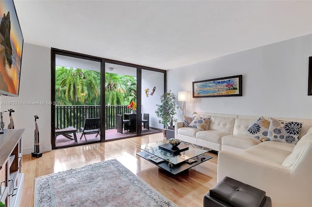 living room with a wall of windows and light wood-type flooring