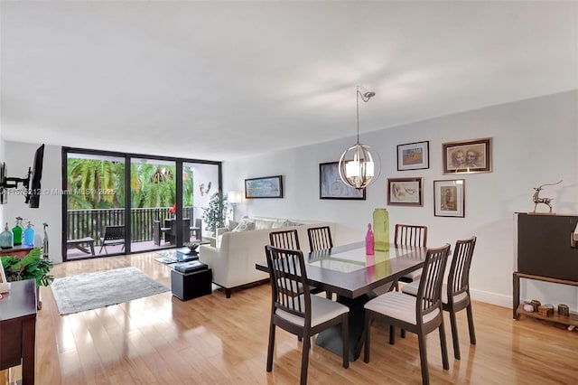 dining space with a wall of windows and light hardwood / wood-style flooring