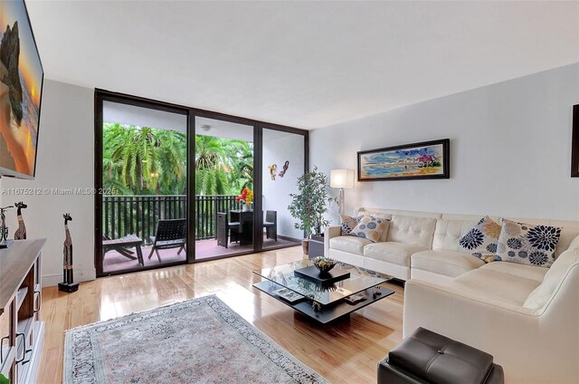 living room with light hardwood / wood-style floors and a wall of windows