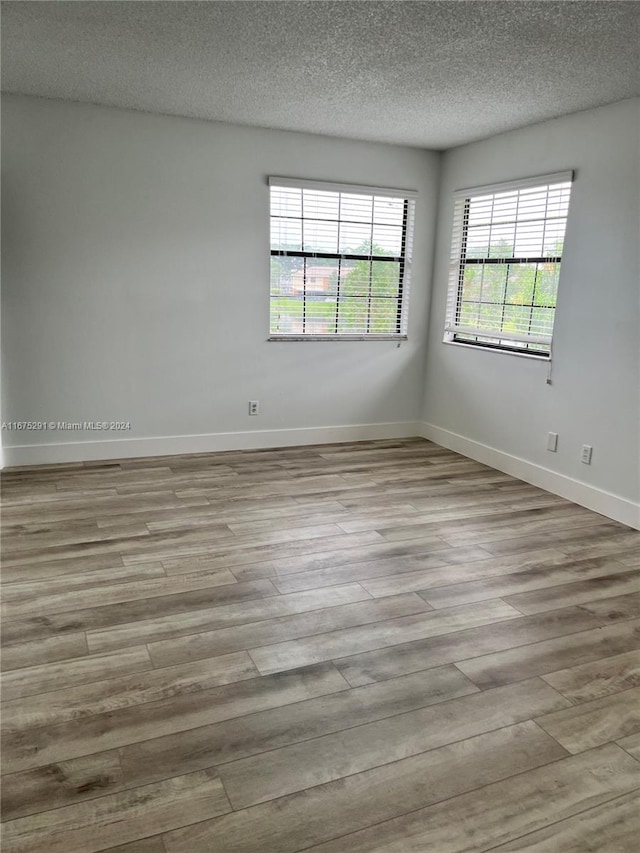 empty room featuring a textured ceiling, baseboards, wood finished floors, and a wealth of natural light