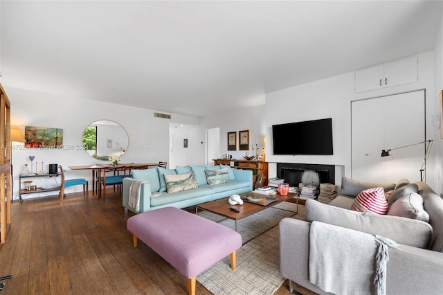 living room featuring dark wood-type flooring