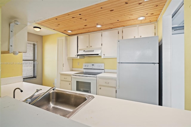 kitchen featuring white appliances, sink, and wood ceiling