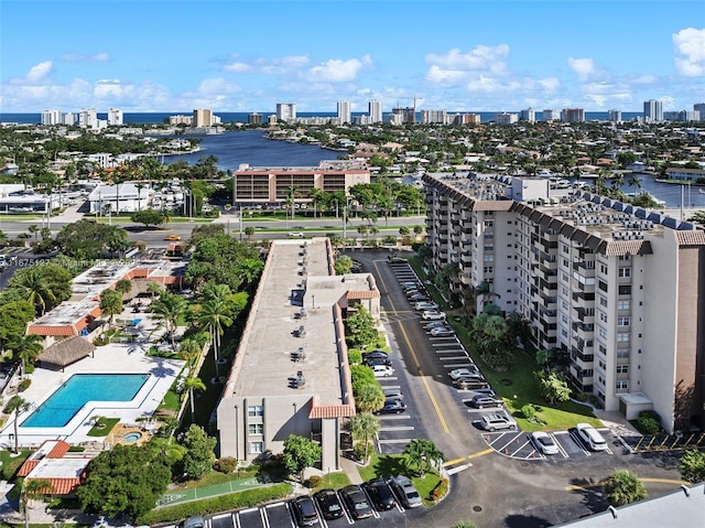 aerial view featuring a water view