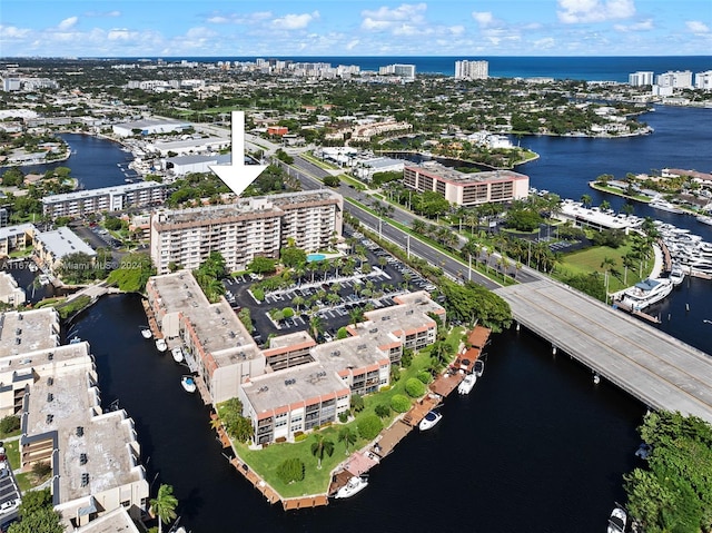 bird's eye view with a water view