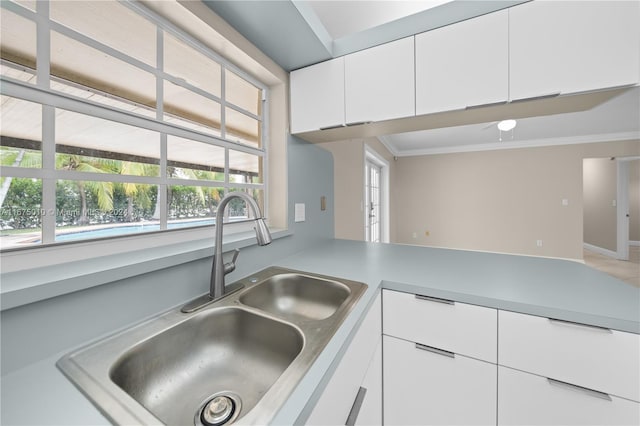 kitchen with sink, white cabinets, and ornamental molding