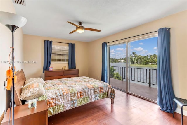 bedroom featuring wood-type flooring, access to outside, and ceiling fan